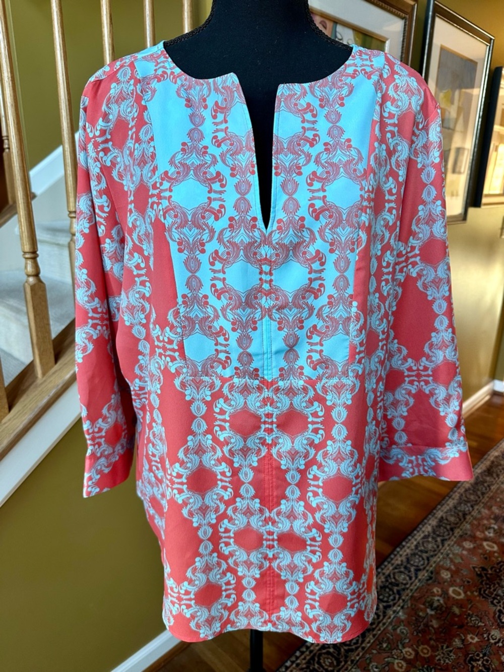The Limited Coral & Aqua Split Neck Tunic (Sz XL)